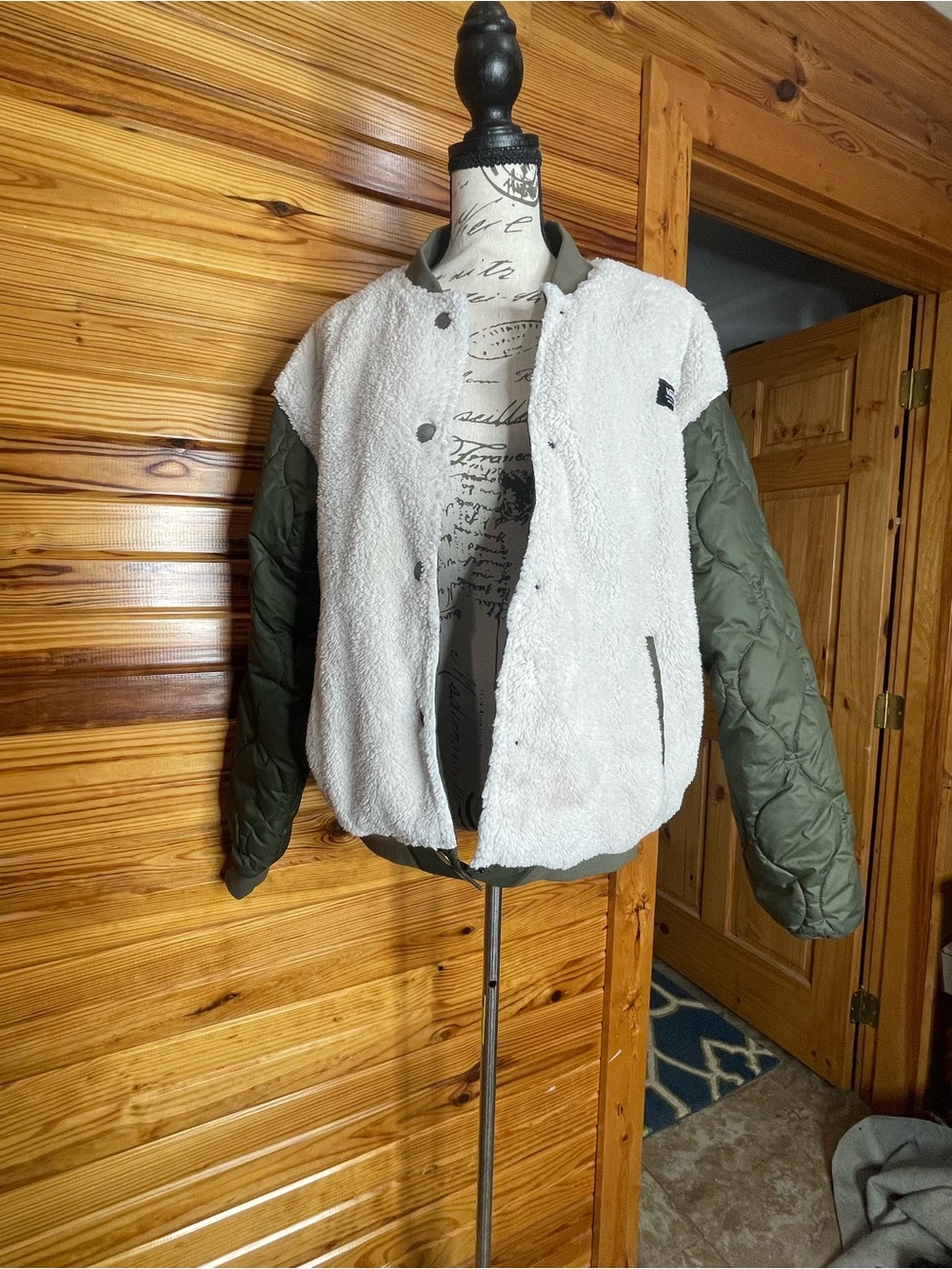 Vans White Sherpa Bomber Jacket with Olive Quilted Sleeves